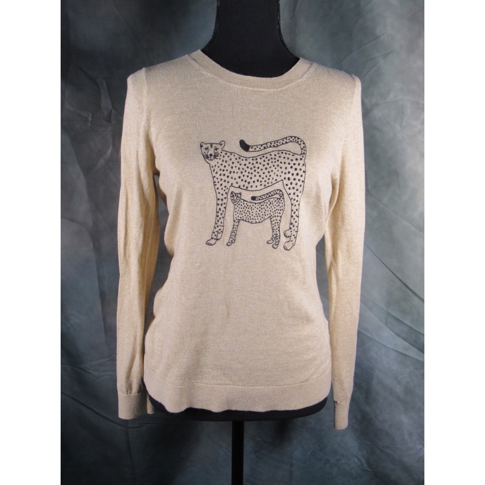 J.Crew Womens Cheetah and Cub Graphic Cotton Sweater Beige Small